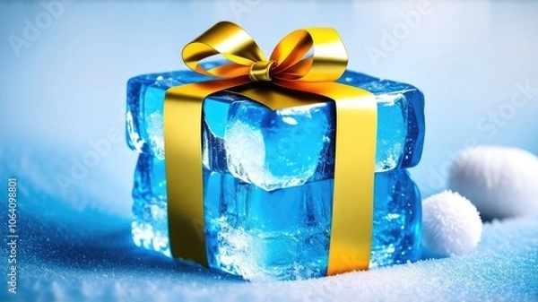 Fototapeta Ice cube with festive gift bow on blurred background.