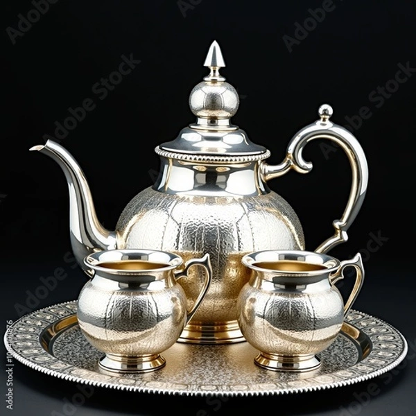 Fototapeta Elegant silver tea set with ornate teapot and cups - perfect for luxury lifestyle blogs, wedding websites, antique collectors' guides, or high-end event planning presentations