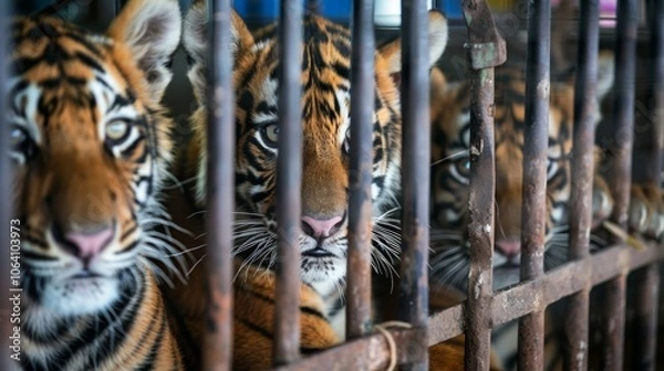 Obraz Captive Tigers in Cages Highlighting Wildlife Trade Issues