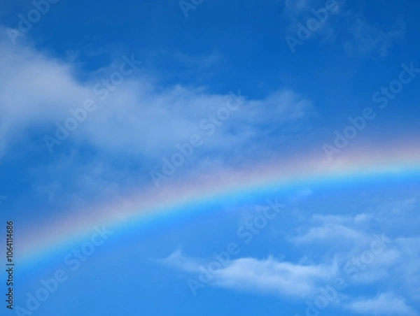 Fototapeta A vibrant rainbow arcs across a clear sky filled with fluffy white clouds during the afternoon sunlight after a brief rain shower