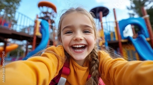 Fototapeta A child captured mid-smile at a playground, exuding joy and liveliness. The vibrant play structures create a fun and welcoming atmosphere around them.