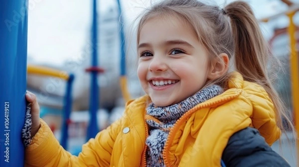 Fototapeta A cheerful young girl, clad in a vibrant yellow jacket, grins widely while enjoying the dynamic atmosphere of a vivid and lively playground setting.