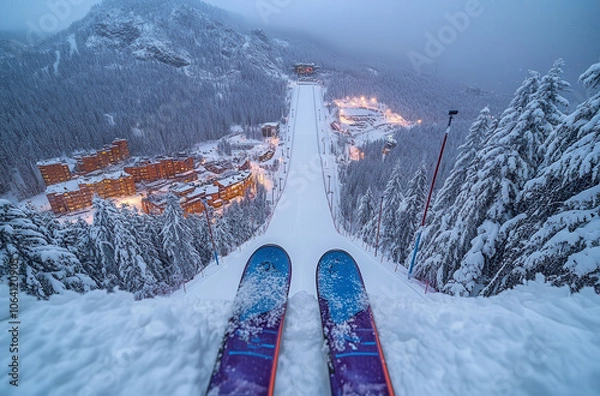 Fototapeta A skier standing at the edge of a snowy ski jump