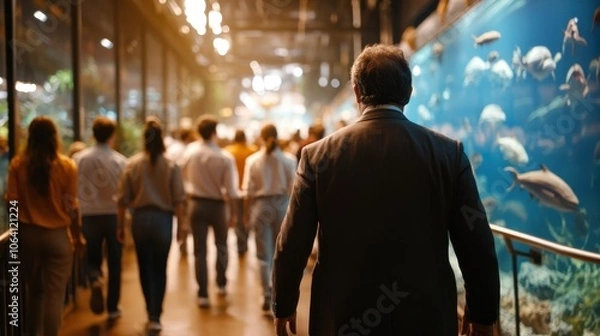 Fototapeta A scene of an aquarium with people walking past, showcasing marine life on display, creating an atmosphere of wonder and fascination through illuminated aquatic beauty.