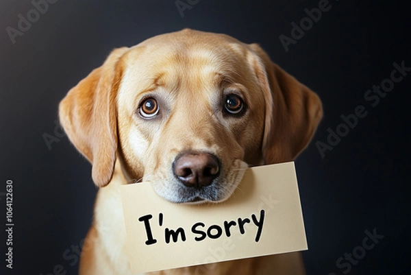 Obraz Cute golden labrador dog with a card saying "I'm sorry", Apology Card with yellow retriever.