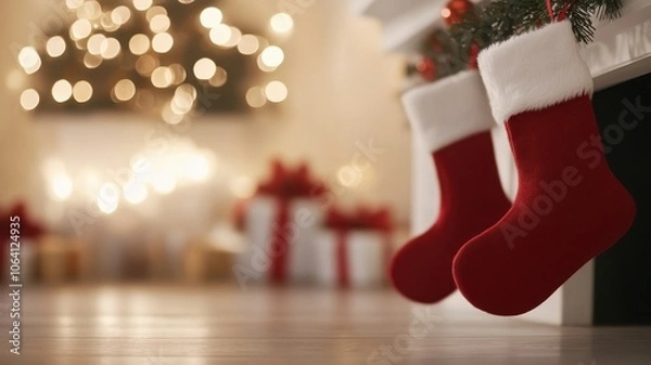 Fototapeta A cozy holiday scene featuring red stockings hung by the fireplace, with a softly lit Christmas tree and wrapped gifts in the background.