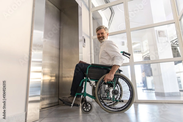 Fototapeta Businessman in wheelchair in corporate office using touch panel to operate the lift