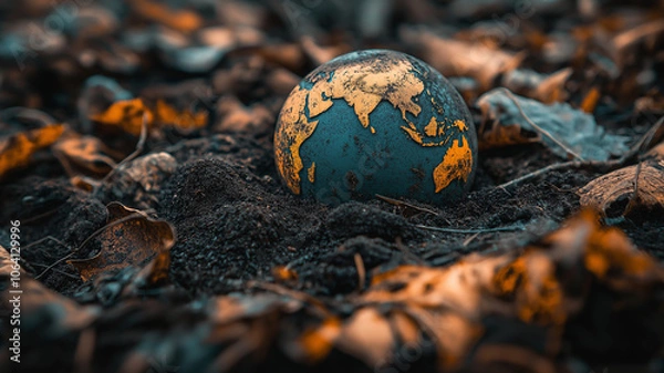 Fototapeta A small globe is sitting in the dirt
