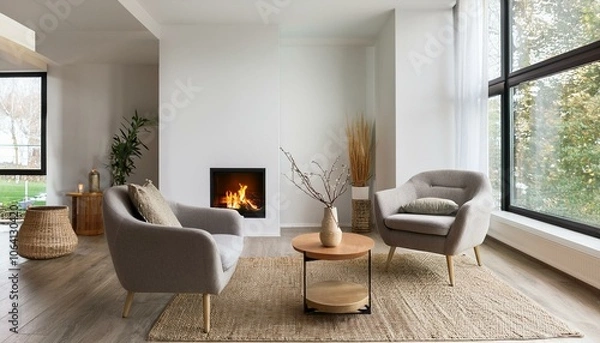 Fototapeta Home living room interior with relaxing zone, fireplace and window. Mockup wall