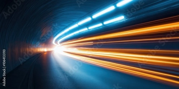 Fototapeta Speeding light trails in blue and orange with a motion blur futuristic highway technology concept
