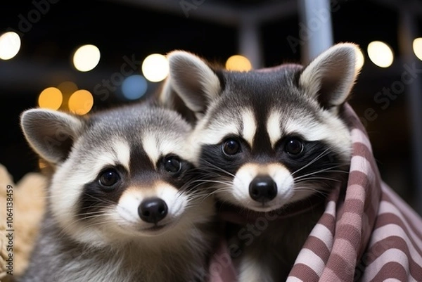 Fototapeta Two Cute Raccoon Siblings, Wrapped in Cozy Blanket Posedown for Camera with Blurry Lights Background