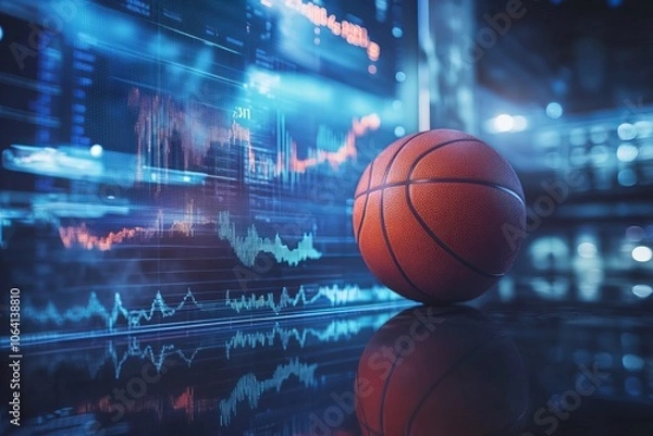 Fototapeta Basketball ball on the background of a display with analytics and statistics graphs
