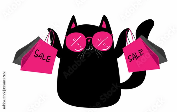Obraz WebCartoon characters black cat shopping. Kawaii black cat in pink glasses with shopping bags. Discounts, sale, black Friday. Online banner, flyer, card, coupon and other