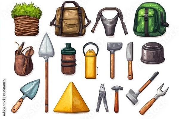 Fototapeta Collection of gardening tools, backpacks, and accessories on a white isolate background.