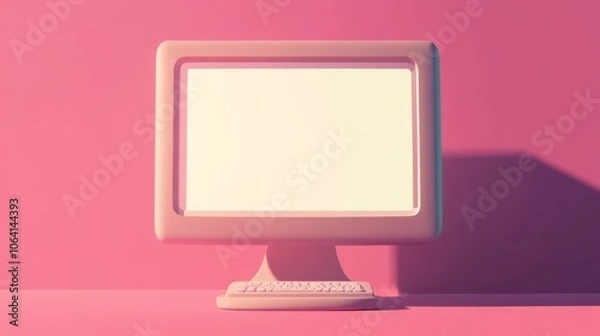 Fototapeta Retro computer with blank screen on pink background.