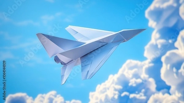 Fototapeta High-detail Images of Paper-crafted Passenger Planes Flying through Blue Skies and Clouds
