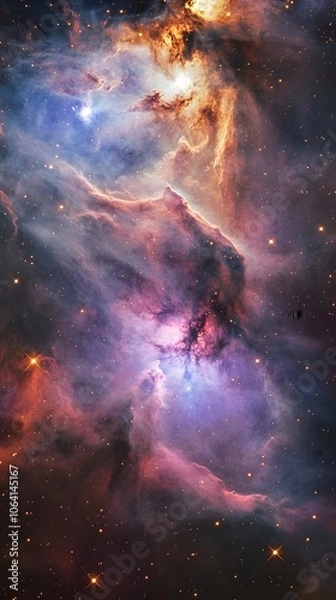 Fototapeta A cosmic nebula with vibrant swirls of purple, blue, and pink gases, dotted with distant stars, giving a stunning, outer-space atmosphere.