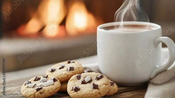Fototapeta Steaming mug of hot chocolate and Christmas cookies on a rustic table by a crackling fireplace, cozy holiday atmosphere, close-up