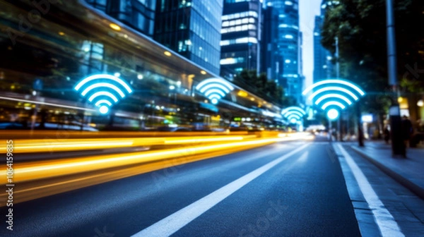 Fototapeta City street at night with blurred lights and Wi-Fi symbols above the road. Concept of connectivity and modern urban life.