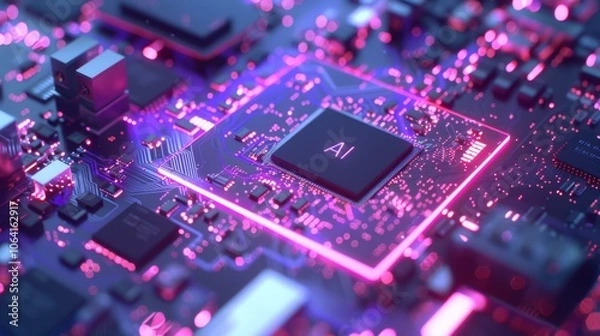 Fototapeta Vibrant close-up of advanced AI computer chip illuminated by neon lights, showcasing intricate circuitry and technology, emphasizing innovation in artificial intelligence and digital computing