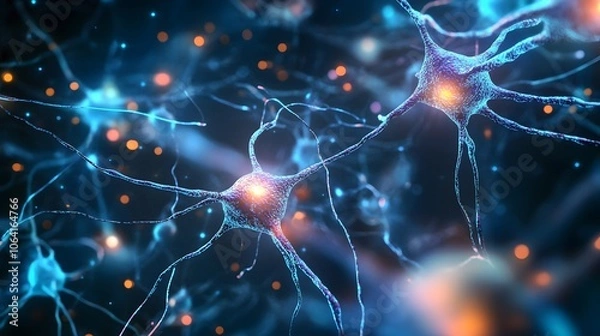 Fototapeta Close-up of Two Interconnected Neurons with Glowing Axons
