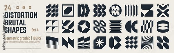 Fototapeta Postmodern abstract geometric graphic elements, Refraction and distortion glass effect various form, Brutalist vector shapes, trendy retro design symbols in Y2K aesthetics, vintage stickers, set 4