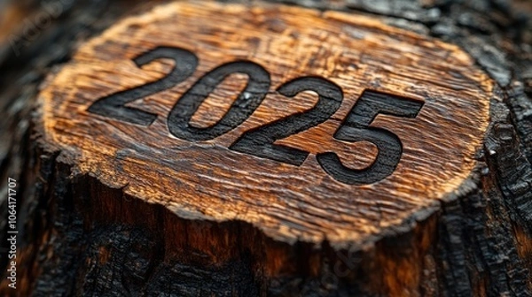 Fototapeta The year 2025 carved into a tree stump.