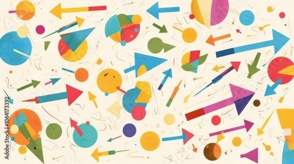 Fototapeta A playful page of clipart featuring various arrows and circles outlined in colorful chalk lines on white paper, with bright red, yellow, green, pink, and blue tones. 