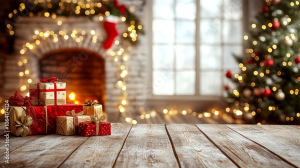 Fototapeta Presents stacked on a wooden table in front of a cozy fireplace with stockings, next to a tree. Concept of festive warmth and holiday celebration.