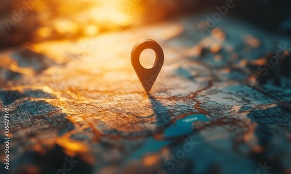 Obraz A closeup view of a map highlighted by a distinctive geolocation pin, emphasizing themes of travel and exploration against a blurred background