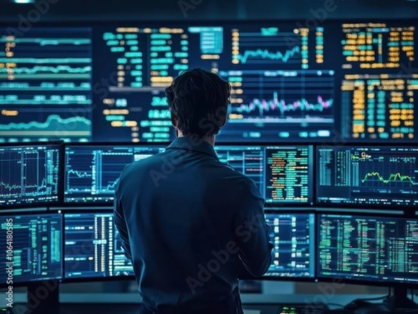 Fototapeta Stock market professional tracking real-time financial data and trends with high-definition monitors in a trading room