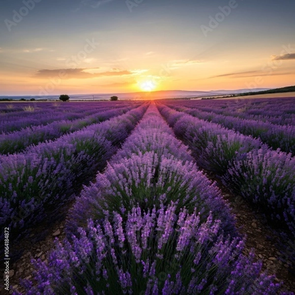 Fototapeta Vast lavender fields under a setting sun casting a golden glow over the landscape