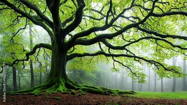Fototapeta   A majestic tree standing tall amidst a lush forest, its canopy adorned with vibrant foliage while a mystical fog enshrouds the atmosphere
