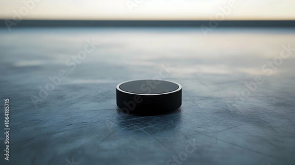 Fototapeta Classic hockey puck centered on an empty ice rink, ideal for sports themes