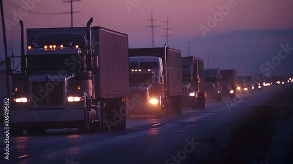 Fototapeta Traffic congestion with a row of trucks moving on a highway at dusk, illustrating heavy road issues . illustration