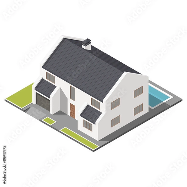 Fototapeta Modern two-story house with slant roof sometric icon set