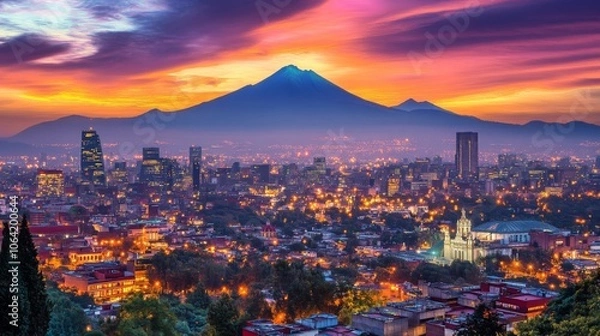 Obraz Dramatic view of Mexico City skyline with mountains in the background at dusk
