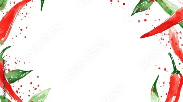 Fototapeta Watercolor Red Chili Pepper Border with Green Leaves and Splashes