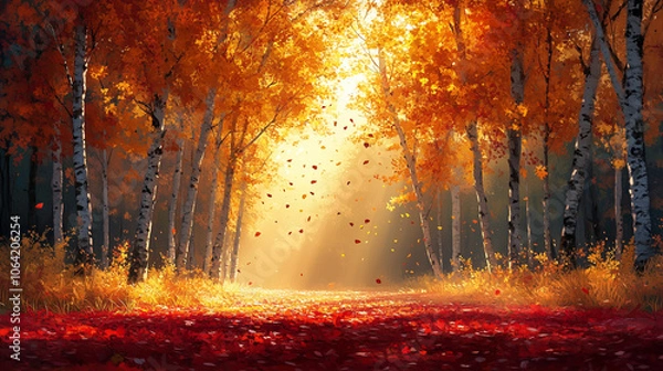 Fototapeta Golden autumn forest with vibrant orange, red, and yellow leaves falling gently from the trees: The ground is covered in a soft layer of fallen leaves, and sunlight streams through