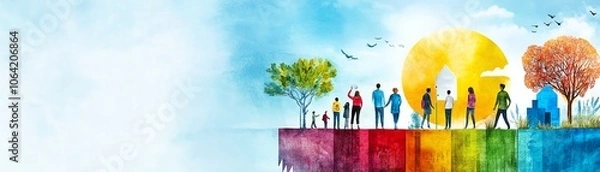 Fototapeta Colorful silhouettes of diverse people walking in nature against a vibrant background, symbolizing unity and community.