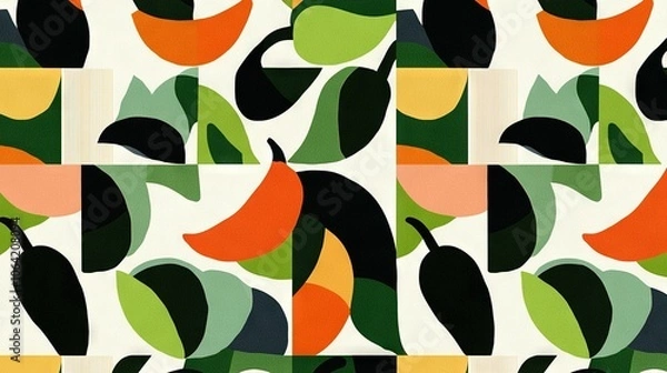 Fototapeta   An image featuring various sized leaves in shades of orange, green, and yellow against a white backdrop