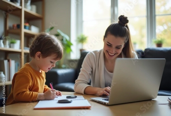 Fototapeta Parent and Child Engaged in Home Learning Activity