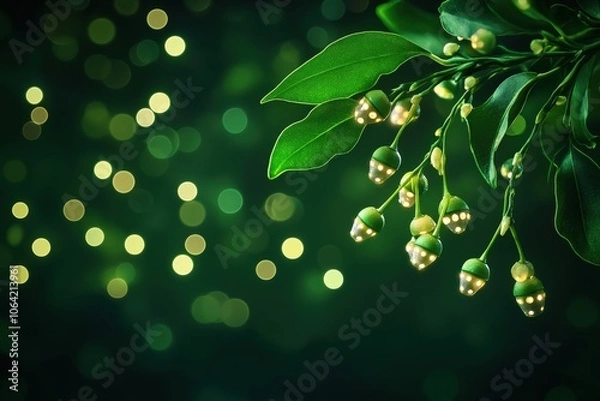 Fototapeta Delicate green leaves and blooms with soft bokeh background.