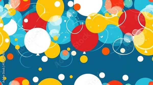Obraz   A blue background adorned with numerous colorful circles on top and bottom, featuring an orange, red, yellow, white, blue, red, and white theme