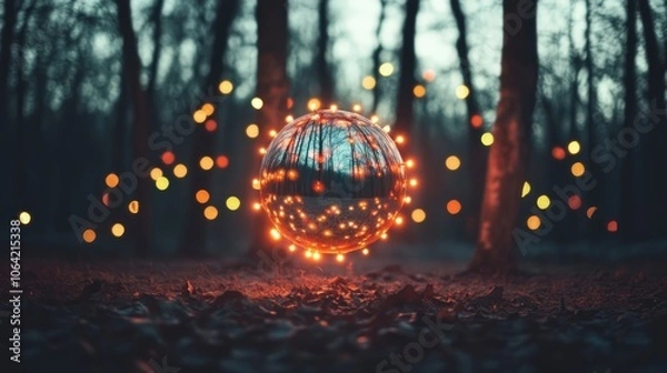 Fototapeta Magical Floating Sphere with Lights in Forest Scene