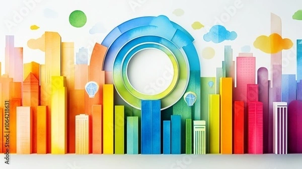 Fototapeta Vibrant abstract cityscape with colorful geometric shapes and circles, capturing urban energy and creativity in a modern design.