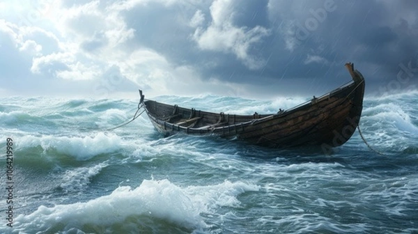 Fototapeta An abandoned wooden boat struggles against rough ocean waves under a stormy sky, showcasing natureâ€™s power and maritime challenges..