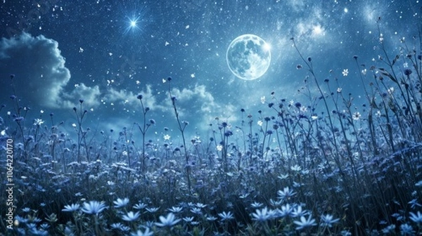 Fototapeta A dreamy night scene featuring a field of wildflowers under a starry sky, with a bright full moon illuminating the landscape..