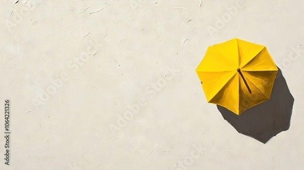 Fototapeta   Overhead view of a yellow umbrella on a white wall with a person's shadow