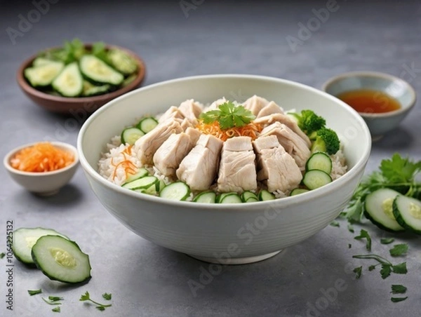 Fototapeta Hainanese Chicken Rice with Cucumber Garnish
